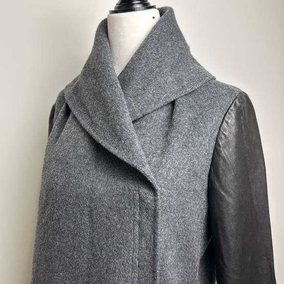 Vince Gray and Black Wool and Leather Asymmetrical Zip Coat Shawl Collar - Picture 5 of 16